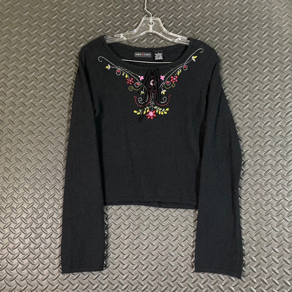 Jamie Scott Black Flower‎ Embroidered Long Sleeve Shirt Women's Size Large